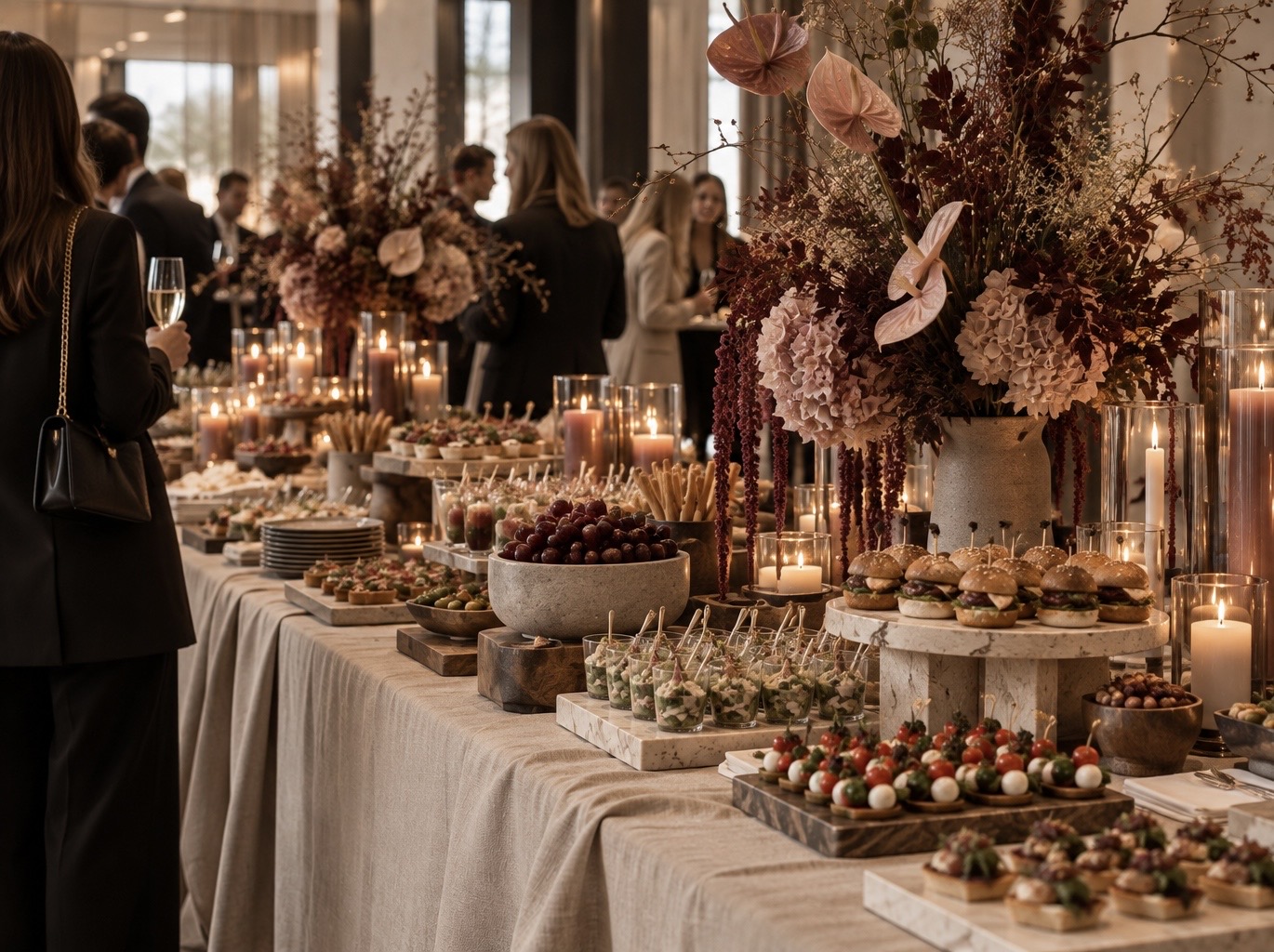 Festlich gedeckte Apéro-Tafel mit Kerzen, Blumen und Häppchen-Platten an einem Abendanlass